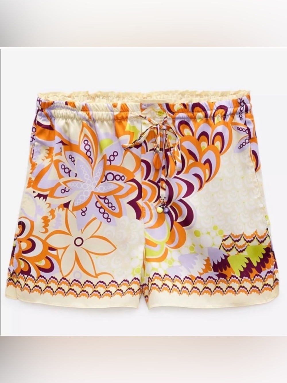 NWT Zara Satin Multicolored Floral Print Drawstring Shorts XS